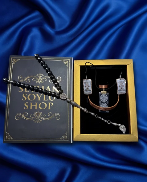 Seyhan Soylu Shop - Özel Tasarım Kitap Kutulu Kadın Bakır Takı Seti Ve Tesbih Kombini - Kolye Küpe Bileklik Yüzük 5 Parça Otantik Şık Hediyelik - Doğum Günü Yıl Dönümü Anneler Günü ürün görseli 1