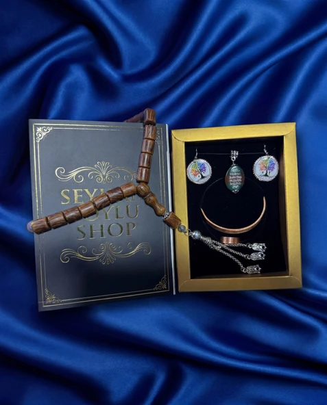 Seyhan Soylu Shop - Özel Tasarım Kitap Kutulu Kadın Bakır Takı Seti Ve Tesbih Kombini - Kolye Küpe Bileklik Yüzük 5 Parça Otantik Şık Hediyelik - Doğum Günü Yıl Dönümü Anneler Günü ürün görseli 1
