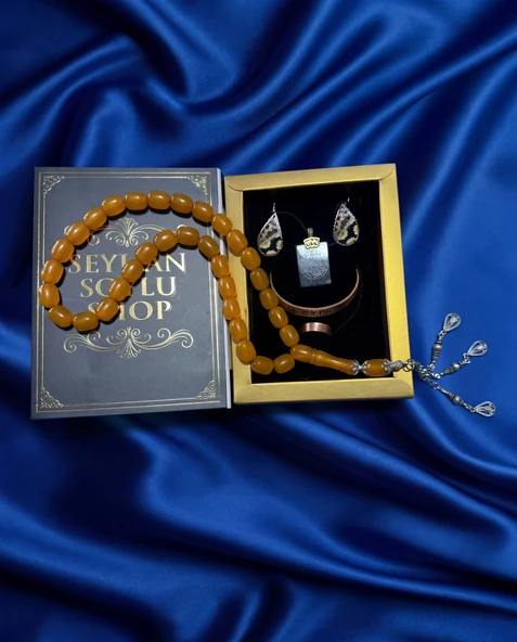 Seyhan Soylu Shop - Özel Tasarım Kitap Kutulu Kadın Bakır Takı Seti Ve Tesbih Kombini - Kolye Küpe Bileklik Yüzük 5 Parça Otantik Şık Hediyelik - Doğum Günü Yıl Dönümü Anneler Günü ürün görseli 1