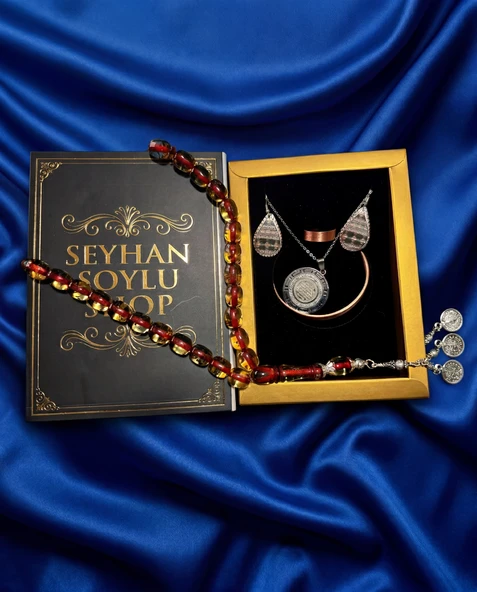 Seyhan Soylu Shop - Özel Tasarım Kitap Kutulu Kadın Bakır Takı Seti Ve Tesbih Kombini - Kolye Küpe Bileklik Yüzük 5 Parça Otantik Şık Hediyelik - Doğum Günü Yıl Dönümü Anneler Günü ürün görseli 1