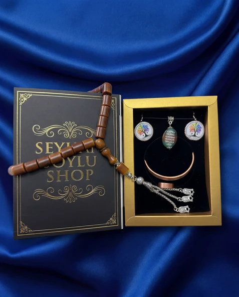 Seyhan Soylu Shop - Özel Tasarım Kitap Kutulu Kadın Bakır Takı Seti Ve Tesbih Kombini - Kolye Küpe Bileklik Yüzük 5 Parça Otantik Şık Hediyelik - Doğum Günü Yıl Dönümü Anneler Günü ürün görseli 1