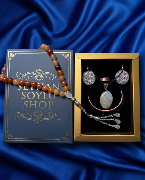 Seyhan Soylu Shop - Özel Tasarım Kitap Kutulu Kadın Bakır Takı Seti Ve Tesbih Kombini - Kolye Küpe Bileklik Yüzük 5 Parça Otantik Şık Hediyelik - Doğum Günü Yıl Dönümü Anneler Günü ürün görseli 1
