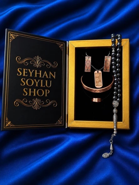 Seyhan Soylu Shop - Özel Tasarım Kitap Kutulu Kadın Bakır Takı Seti Ve Tesbih Kombini - Kolye Küpe Bileklik Yüzük 5 Parça Otantik Şık Hediyelik - Doğum Günü Yıl Dönümü Anneler Günü ürün görseli 1