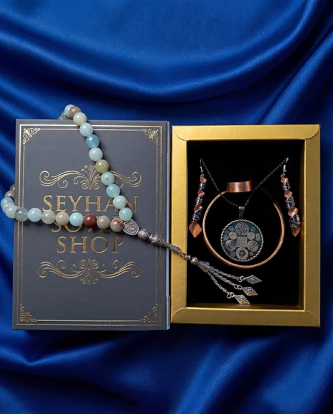 Seyhan Soylu Shop - Özel Tasarım Kitap Kutulu Kadın Bakır Takı Seti Ve Tesbih Kombini - Kolye Küpe Bileklik Yüzük 5 Parça Otantik Şık Hediyelik - Doğum Günü Yıl Dönümü Anneler Günü ürün görseli 1