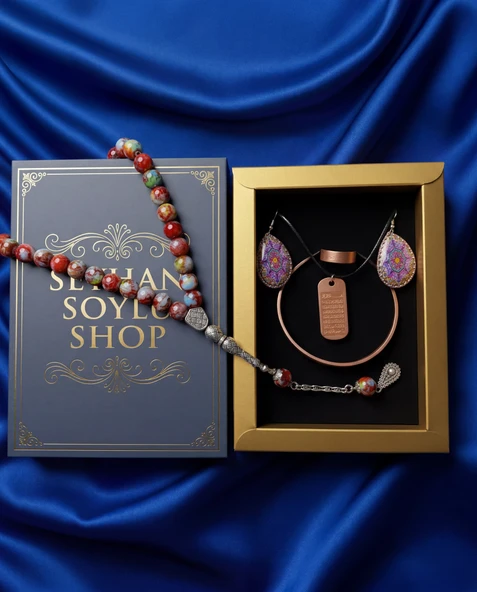 Seyhan Soylu Shop - Özel Tasarım Kitap Kutulu Kadın Bakır Takı Seti Ve Tesbih Kombini - Kolye Küpe Bileklik Yüzük 5 Parça Otantik Şık Hediyelik - Doğum Günü Yıl Dönümü Anneler Günü ürün görseli 1