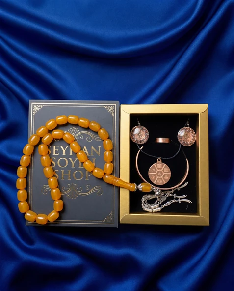 Seyhan Soylu Shop - Özel Tasarım Kitap Kutulu Kadın Bakır Takı Seti Ve Tesbih Kombini - Kolye Küpe Bileklik Yüzük 5 Parça Otantik Şık Hediyelik - Doğum Günü Yıl Dönümü Anneler Günü ürün görseli 1