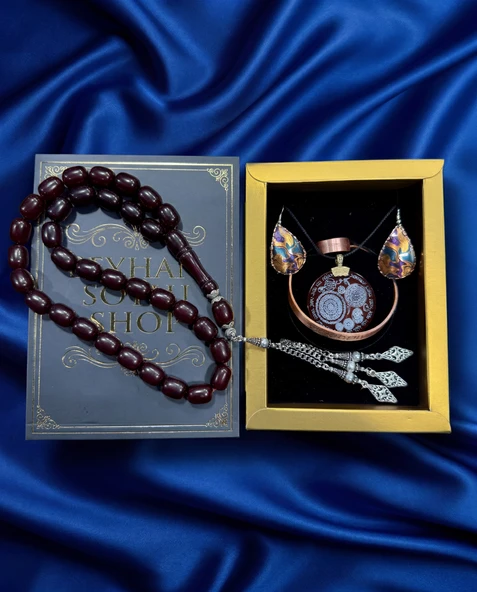 Seyhan Soylu Shop - Özel Tasarım Kitap Kutulu Kadın Bakır Takı Seti Ve Tesbih Kombini - Kolye Küpe Bileklik Yüzük 5 Parça Otantik Şık Hediyelik - Doğum Günü Yıl Dönümü Anneler Günü ürün görseli 1