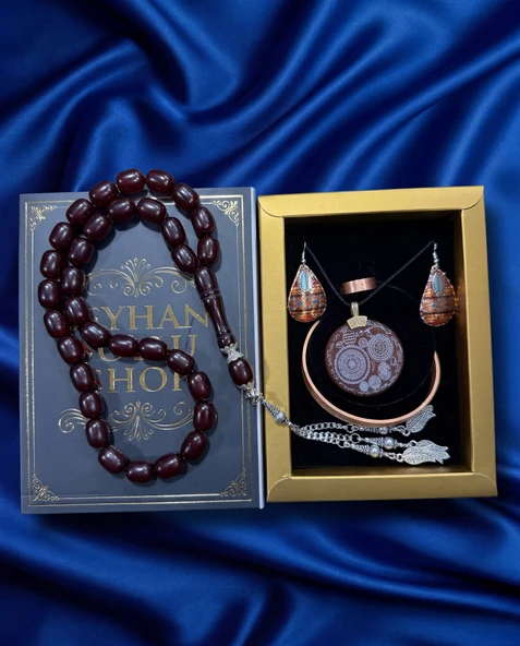 Seyhan Soylu Shop - Özel Tasarım Kitap Kutulu Kadın Bakır Takı Seti Ve Tesbih Kombini - Kolye Küpe Bileklik Yüzük 5 Parça Otantik Şık Hediyelik - Doğum Günü Yıl Dönümü Anneler Günü ürün görseli 1
