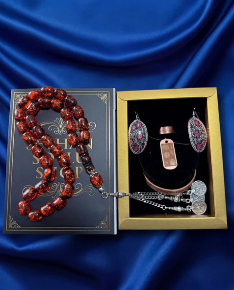 Seyhan Soylu Shop - Özel Tasarım Kitap Kutulu Kadın Bakır Takı Seti Ve Tesbih Kombini - Kolye Küpe Bileklik Yüzük 5 Parça Otantik Şık Hediyelik - Doğum Günü Yıl Dönümü Anneler Günü ürün görseli 1