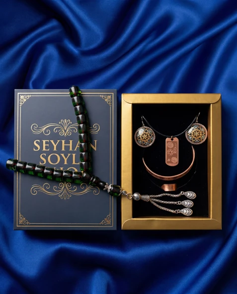 Seyhan Soylu Shop - Özel Tasarım Kitap Kutulu Kadın Bakır Takı Seti Ve Tesbih Kombini - Kolye Küpe Bileklik Yüzük 5 Parça Otantik Şık Hediyelik - Doğum Günü Yıl Dönümü Anneler Günü ürün görseli 1