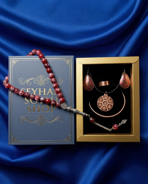 Seyhan Soylu Shop - Özel Tasarım Kitap Kutulu Kadın Bakır Takı Seti Ve Tesbih Kombini - Kolye Küpe Bileklik Yüzük 5 Parça Otantik Şık Hediyelik - Doğum Günü Yıl Dönümü Anneler Günü ürün görseli 1