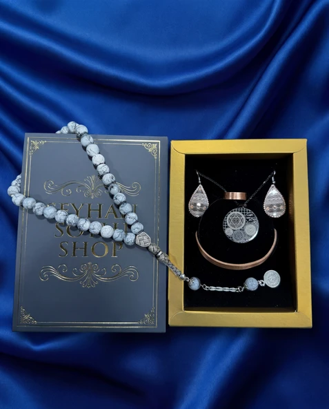 Seyhan Soylu Shop - Özel Tasarım Kitap Kutulu Kadın Bakır Takı Seti Ve Tesbih Kombini - Kolye Küpe Bileklik Yüzük 5 Parça Otantik Şık Hediyelik - Doğum Günü Yıl Dönümü Anneler Günü ürün görseli 1