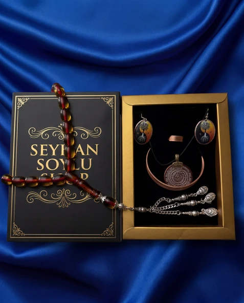 Seyhan Soylu Shop - Özel Tasarım Kitap Kutulu Kadın Bakır Takı Seti Ve Tesbih Kombini - Kolye Küpe Bileklik Yüzük 5 Parça Otantik Şık Hediyelik - Doğum Günü Yıl Dönümü Anneler Günü ürün görseli 1