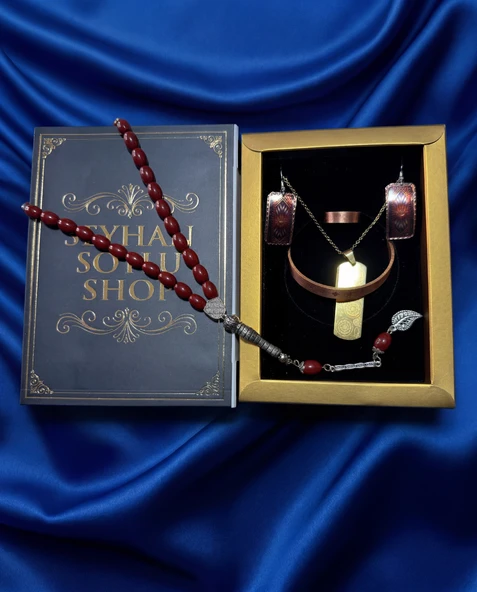 Seyhan Soylu Shop - Özel Tasarım Kitap Kutulu Kadın Bakır Takı Seti Ve Tesbih Kombini - Kolye Küpe Bileklik Yüzük 5 Parça Otantik Şık Hediyelik - Doğum Günü Yıl Dönümü Anneler Günü ürün görseli 1