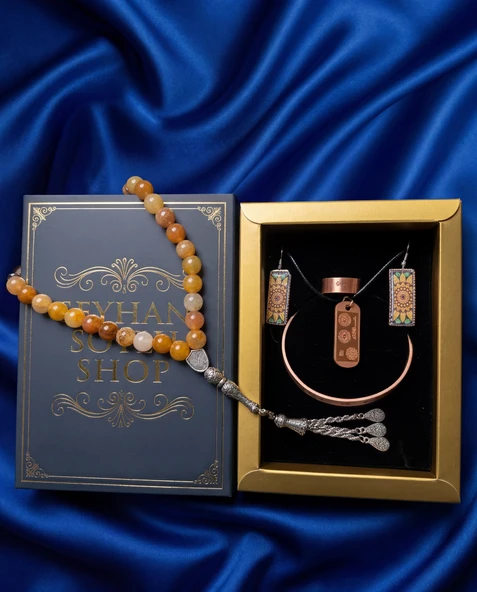Seyhan Soylu Shop - Özel Tasarım Kitap Kutulu Kadın Bakır Takı Seti Ve Tesbih Kombini - Kolye Küpe Bileklik Yüzük 5 Parça Otantik Şık Hediyelik - Doğum Günü Yıl Dönümü Anneler Günü ürün görseli 1