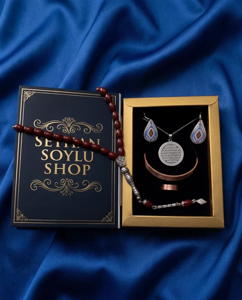 Seyhan Soylu Shop - Özel Tasarım Kitap Kutulu Kadın Bakır Takı Seti Ve Tesbih Kombini - Kolye Küpe Bileklik Yüzük 5 Parça Otantik Şık Hediyelik - Doğum Günü Yıl Dönümü Anneler Günü ürün görseli 1
