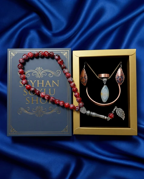 Seyhan Soylu Shop - Özel Tasarım Kitap Kutulu Kadın Bakır Takı Seti Ve Tesbih Kombini - Kolye Küpe Bileklik Yüzük 5 Parça Otantik Şık Hediyelik - Doğum Günü Yıl Dönümü Anneler Günü ürün görseli 1