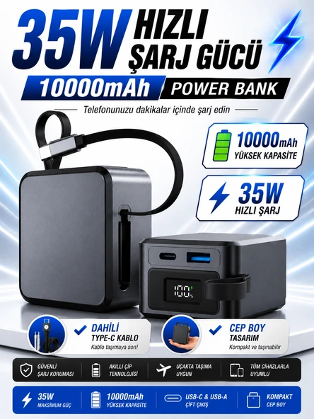 10000MAH 35W Hızlı Şarj Powerbank LCD Ekran 1 USB 1 TypeC Giriş TypeC Kablolu Çıkışlı ürün görseli 1