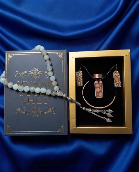 Seyhan Soylu Shop - Özel Tasarım Kitap Kutulu Kadın Bakır Takı Seti Ve Tesbih Kombini - Kolye Küpe Bileklik Yüzük 5 Parça Otantik Şık Hediyelik - Doğum Günü Yıl Dönümü Anneler Günü ürün görseli 1