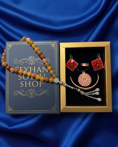Seyhan Soylu Shop - Özel Tasarım Kitap Kutulu Kadın Bakır Takı Seti Ve Tesbih Kombini - Kolye Küpe Bileklik Yüzük 5 Parça Otantik Şık Hediyelik - Doğum Günü Yıl Dönümü Anneler Günü ürün görseli 1