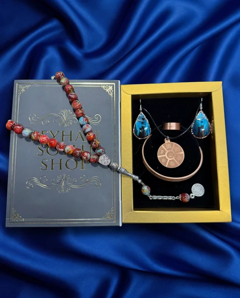 Seyhan Soylu Shop - Özel Tasarım Kitap Kutulu Kadın Bakır Takı Seti Ve Tesbih Kombini - Kolye Küpe Bileklik Yüzük 5 Parça Otantik Şık Hediyelik - Doğum Günü Yıl Dönümü Anneler Günü ürün görseli 1