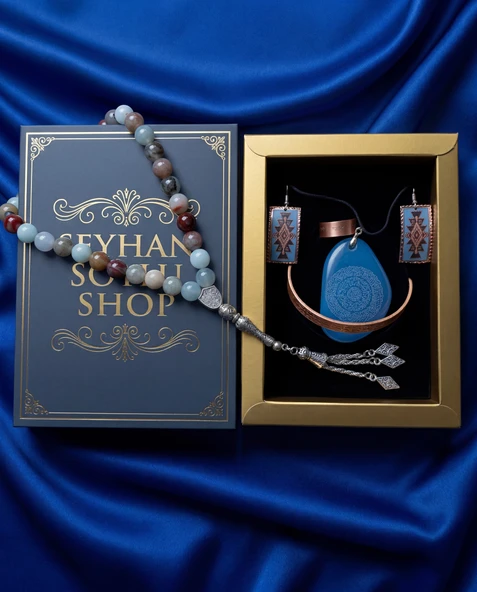 Seyhan Soylu Shop - Özel Tasarım Kitap Kutulu Kadın Bakır Takı Seti Ve Tesbih Kombini - Kolye Küpe Bileklik Yüzük 5 Parça Otantik Şık Hediyelik - Doğum Günü Yıl Dönümü Anneler Günü ürün görseli 1