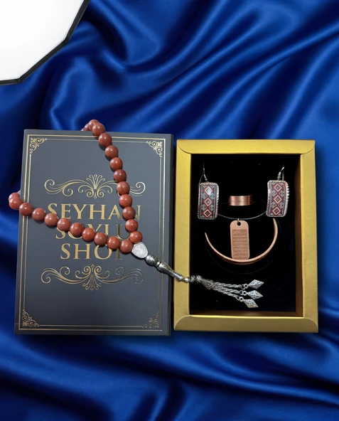 Seyhan Soylu Shop - Özel Tasarım Kitap Kutulu Kadın Bakır Takı Seti Ve Tesbih Kombini - Kolye Küpe Bileklik Yüzük 5 Parça Otantik Şık Hediyelik - Doğum Günü Yıl Dönümü Anneler Günü ürün görseli 1