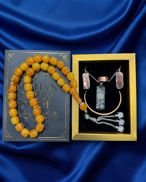 Seyhan Soylu Shop - Özel Tasarım Kitap Kutulu Kadın Bakır Takı Seti Ve Tesbih Kombini - Kolye Küpe Bileklik Yüzük 5 Parça Otantik Şık Hediyelik - Doğum Günü Yıl Dönümü Anneler Günü ürün görseli 1