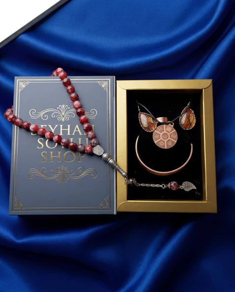 Seyhan Soylu Shop - Özel Tasarım Kitap Kutulu Kadın Bakır Takı Seti Ve Tesbih Kombini - Kolye Küpe Bileklik Yüzük 5 Parça Otantik Şık Hediyelik - Doğum Günü Yıl Dönümü Anneler Günü ürün görseli 1
