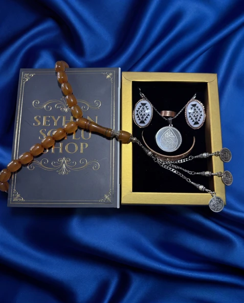 Seyhan Soylu Shop - Özel Tasarım Kitap Kutulu Kadın Bakır Takı Seti Ve Tesbih Kombini - Kolye Küpe Bileklik Yüzük 5 Parça Otantik Şık Hediyelik - Doğum Günü Yıl Dönümü Anneler Günü ürün görseli 1