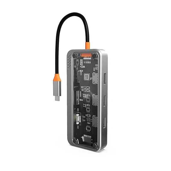 Nevamel ALLY SW1V-PRO Type-c To USB3.0 3adet+ 3.5mm+ HDMI+ VGA+ SD + TF + Ethernet Çoğaltıcı Transparan Hub-(5775) ürün görseli 1