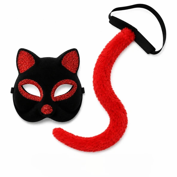 Kırmızı Kedi Maske ve Kuyruk Seti Parti Kostüm Aksesuarı ürün görseli 1
