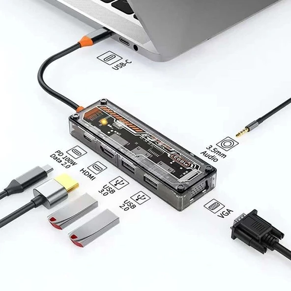 Nevamel ALLY 6in1 Type-c To USB3.0 + USB2.0 + Type-c PD 100W + HDMI + VGA + 3.5mm  Çoğaltıc Transparanı Hub-(5775) ürün görseli 1