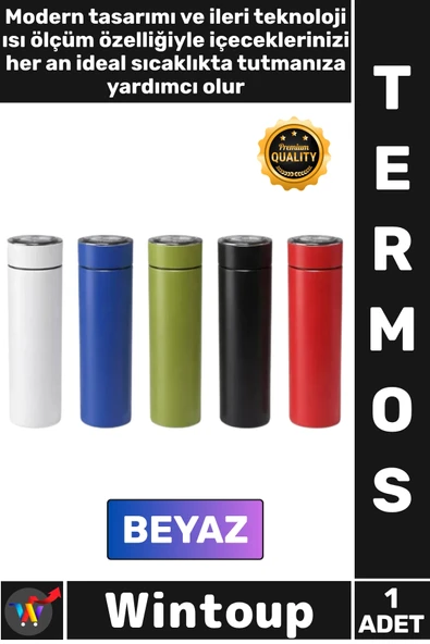 #Termos Akıllı Isı Ölçer Çelik 500ml Sızdırmaz Sıcak Soğuk Koruyucu Dijital Göstergeli Termos Beyaz ürün görseli 1