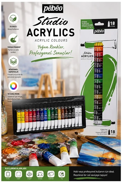 Akrilik Boya 18 Renk 12 ml 1 Paket Pepeo Akrilik Boya Seti 18 li Ahşap Tuval Taş Ağaç Boyamalar İçin İdea Boyama Seti ürün görseli 1