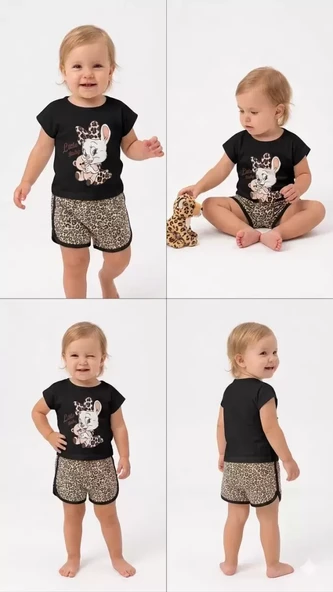 1/4 Yaş Leopar Tavşan Baskılı Çocuk Takımı ürün görseli 1