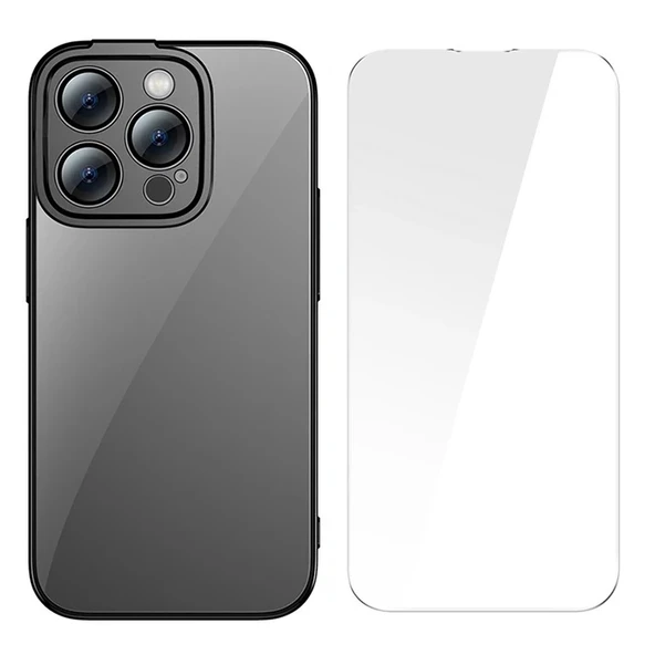 Nevamel Baseus Glitter iPhone 14 Pro 6.1 Renkli Kenar Silikon Kılıf + Tempered Ekran Koruyucu Set-(5775) ürün görseli 1