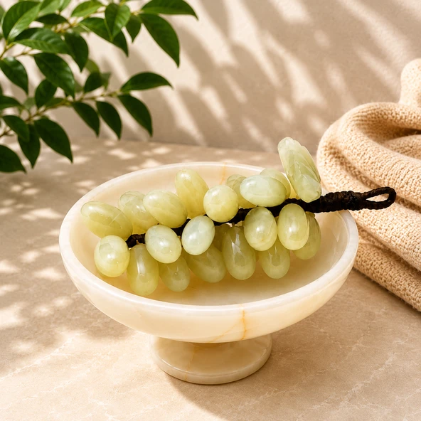 Feng Shui Bereket Üzümü ve Van Taşı Ayaklı Çanak Seti  30 Taneli Doğal Taş Üzüm Salkımı Dekor  5 İnç El Yapımı Çanak ürün görseli 1