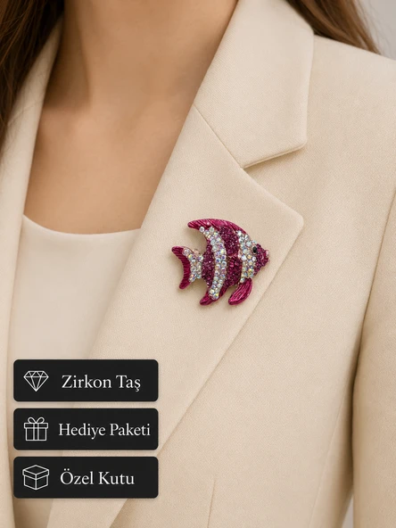 Pembe Balık Tasarımlı Taşlı Kadın Broş Hediye Rozeti - Şık ve Zarif Takı ürün görseli 1