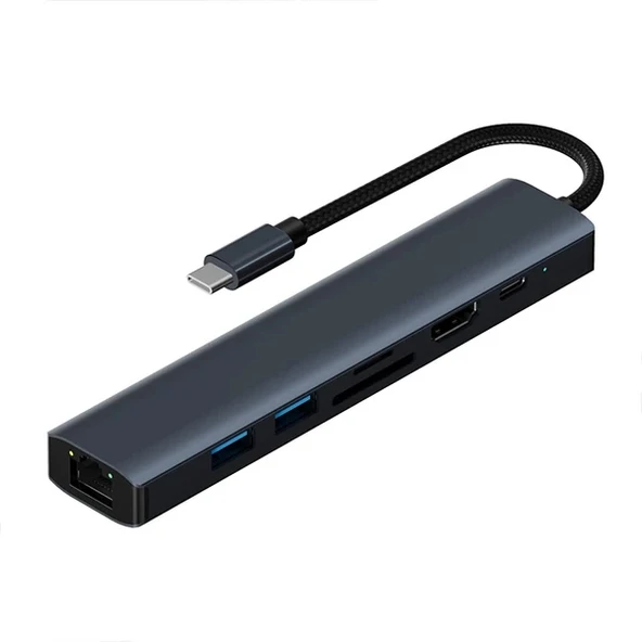 Nevamel ALLY BYL-2303 7 IN 1 Type-c To USB + Type-c + Ethernet + Kart Okuyucu + HDMI Dönüştürücü Çoğaltıcı H-(5775) ürün görseli 1