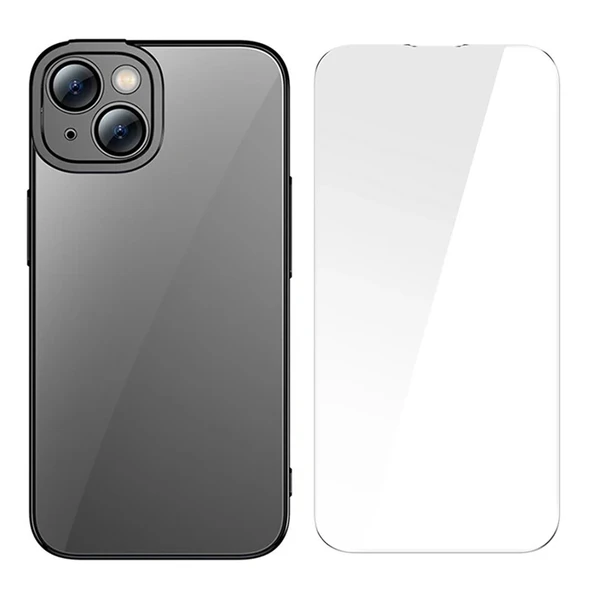 Nevamel Baseus Glitter iPhone 14 Plus 6.7 Renkli Kenar Silikon Kılıf + Tempered Ekran Koruyucu Set-(5775) ürün görseli 1