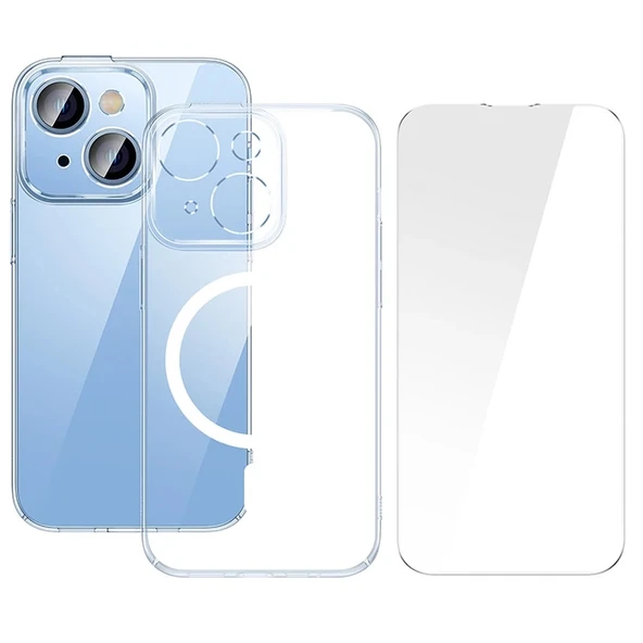 Nevamel Baseus Crystal iPhone 14 Plus 6.7 Magsafe Silikon Kılıf + Tempered Ekran Koruyucu Set-(5775) ürün görseli 1