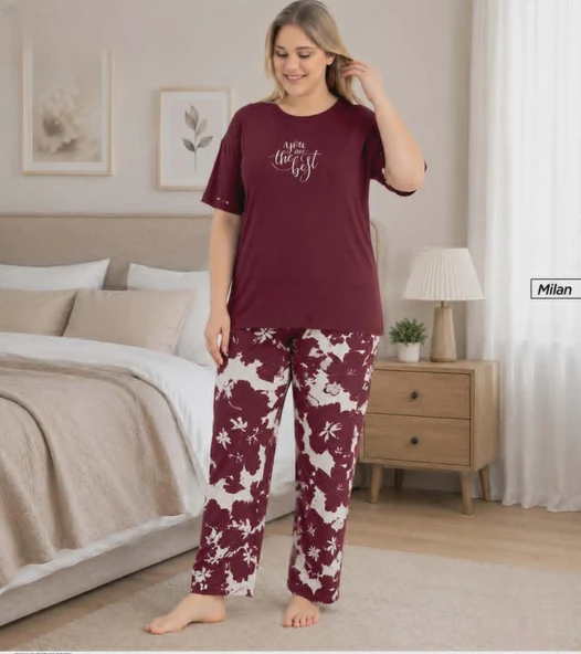 Pijamoni Kadın Milan Büyük Beden Bisiklet Yaka Kısa Kol İnce Pijama Takımı 7665/13B - 1 Adet  Bordo 3XL ürün görseli 1