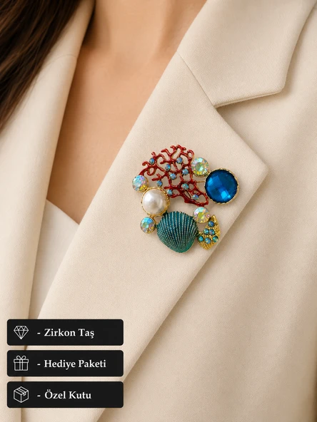 Deniz Temalı Vintage Broş - İncili ve Safir Mavisi Taşlı Coral Kadın İğnesi ürün görseli 1