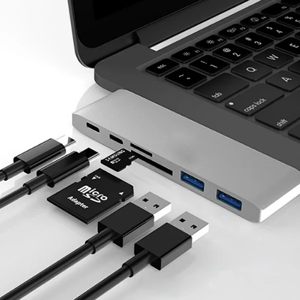 Nevamel Ally 6 İn1 Usb-C Hub Daul  USB 3.0 Type-C Şarj Kart Reader Çoğaltıcı Hub-(5775) ürün görseli 1