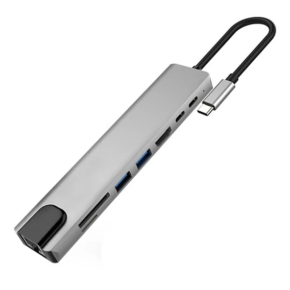 Nevamel Ally 8 Port Usb 8in1 3.0 Type-C Hdmi 3XUSB+2 PD) RJ45 Hub Adaptör Çoklayıcı TF SD Kart-(5775) ürün görseli 1