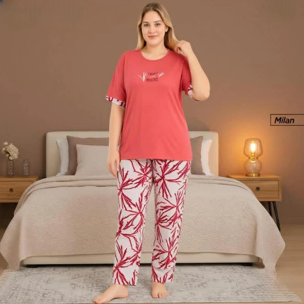 Pijamoni Kadın Milan Büyük Beden Bisiklet Yaka Kısa Kol İnce Pijama Takımı 7665/7K - 1 Adet  5XL Kiremit ürün görseli 1