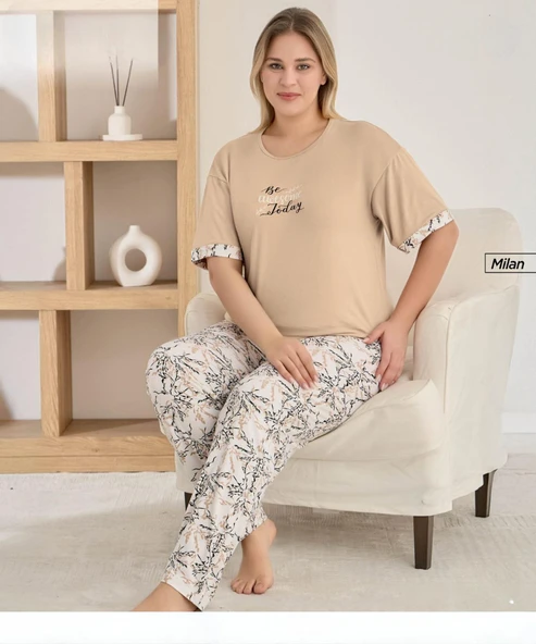 Pijamoni Kadın Milan Büyük Beden Bisiklet Yaka Kısa Kol İnce Pijama Takımı 7665/3B - 1 Adet  5XL Bej ürün görseli 1