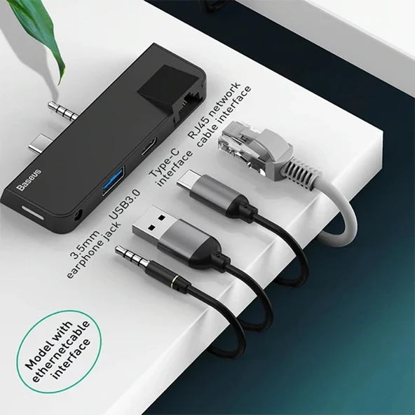 Nevamel Baseus Multifunctional HUB Surface Go(Type-C+Audio to RJ45+USB3.0+Type-C(data)+Audio)-(5775) - Resim 2