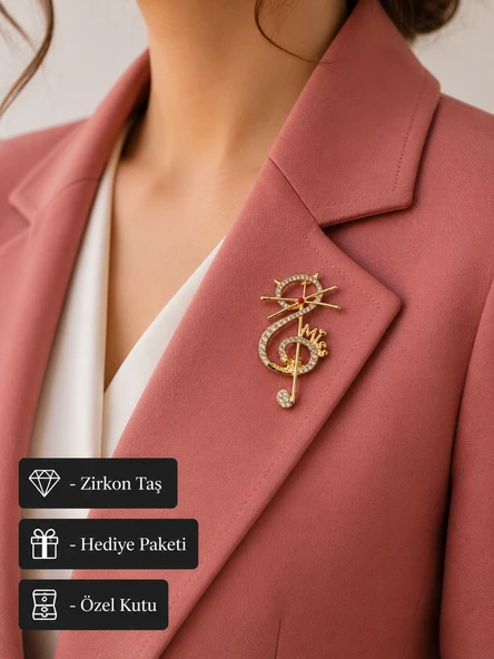 Gold Renk Kristal Taşlı Kedi ve Müzik Notası Tasarımlı Kadın Broş iğne ürün görseli 1